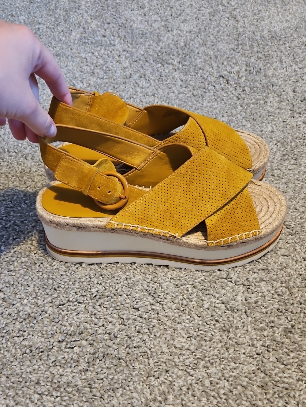 Marc Fisher Mustard Yellow Suede Platform Espadrille Wedges